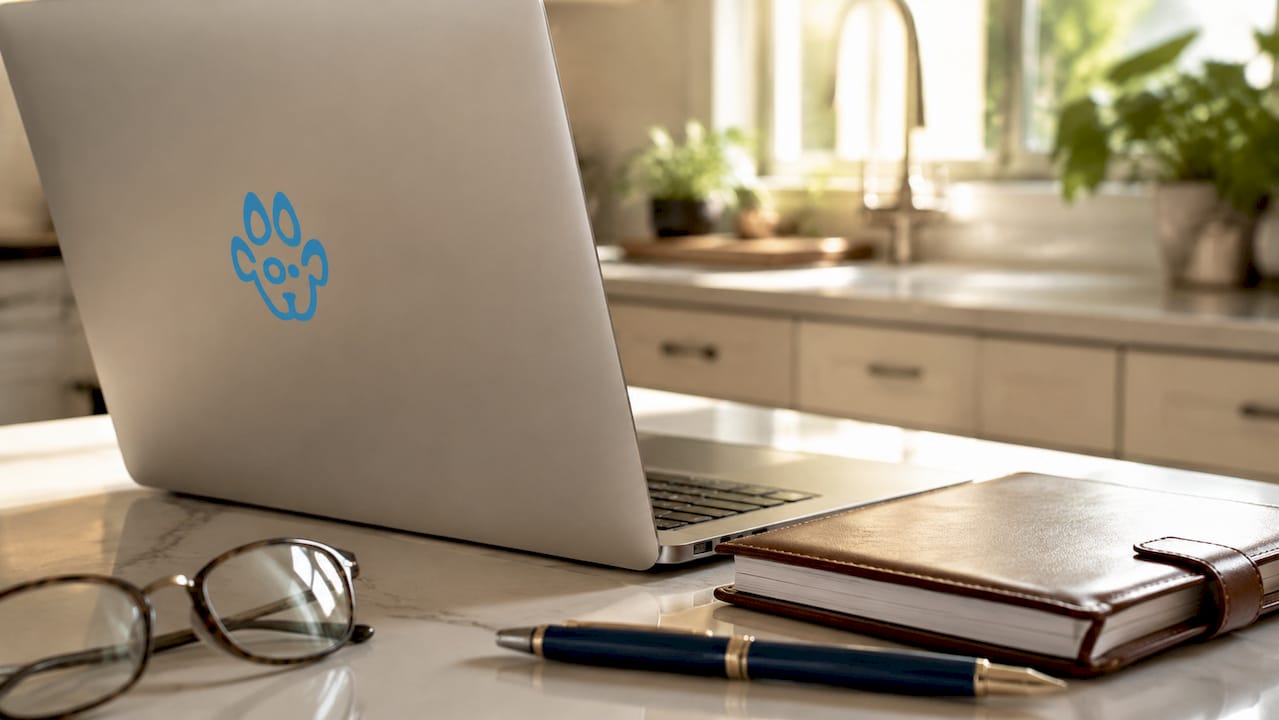 Home desk with pet care software and notes