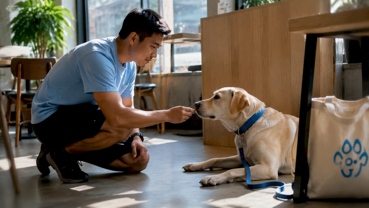 Pet caregiver gently earning dog’s trust indoors