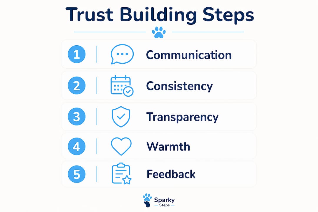 Infographic illustrating trust building steps in pet care