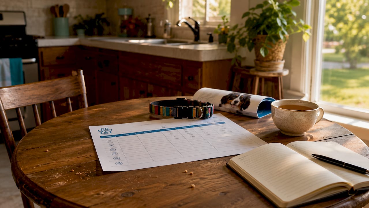 Close-up of pet health visit log on desk