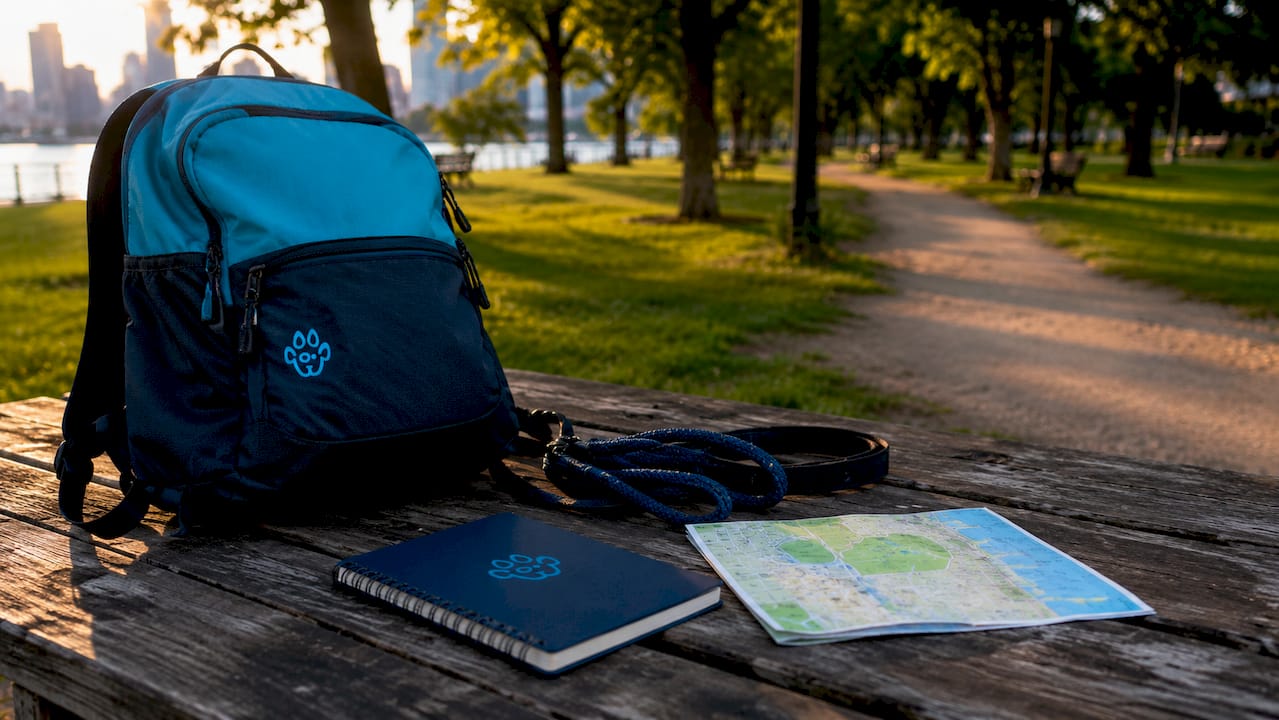 Dog walking gear and GPS on park bench