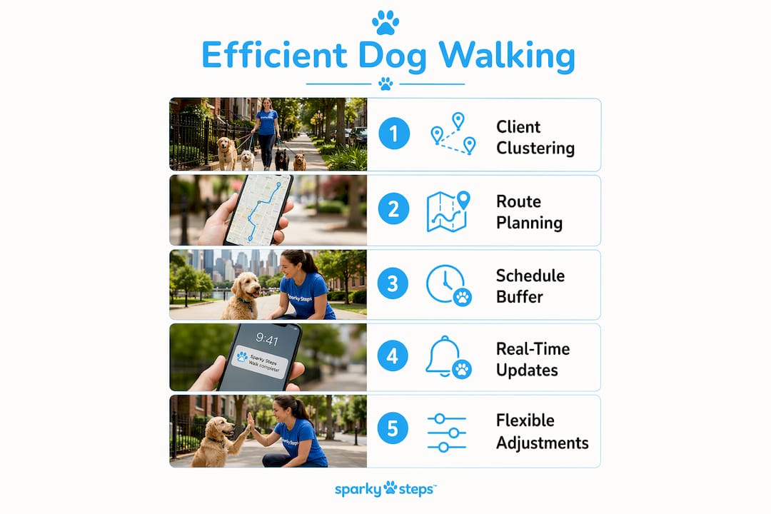 Infographic showing steps for efficient dog walking management