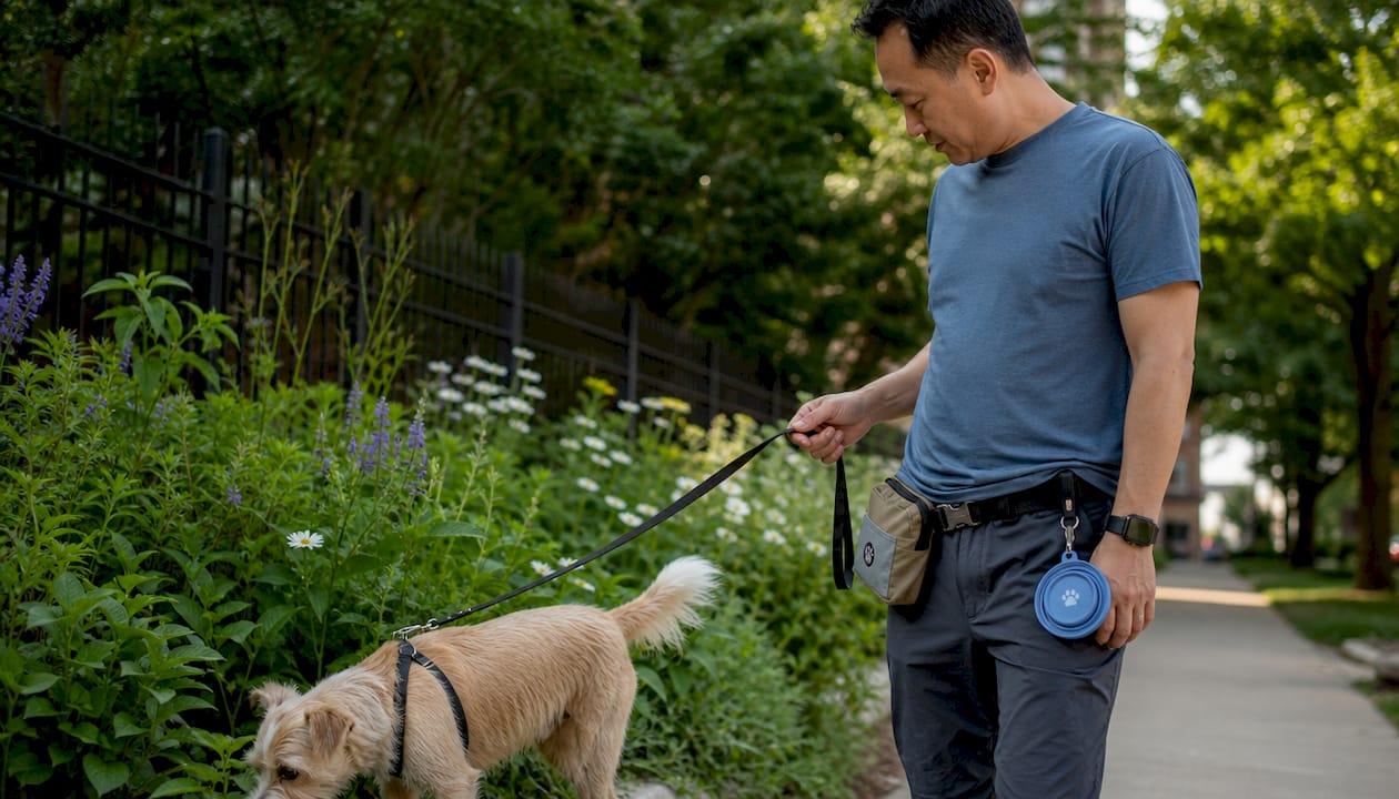 Dog walker watching terrier's behavior outdoors