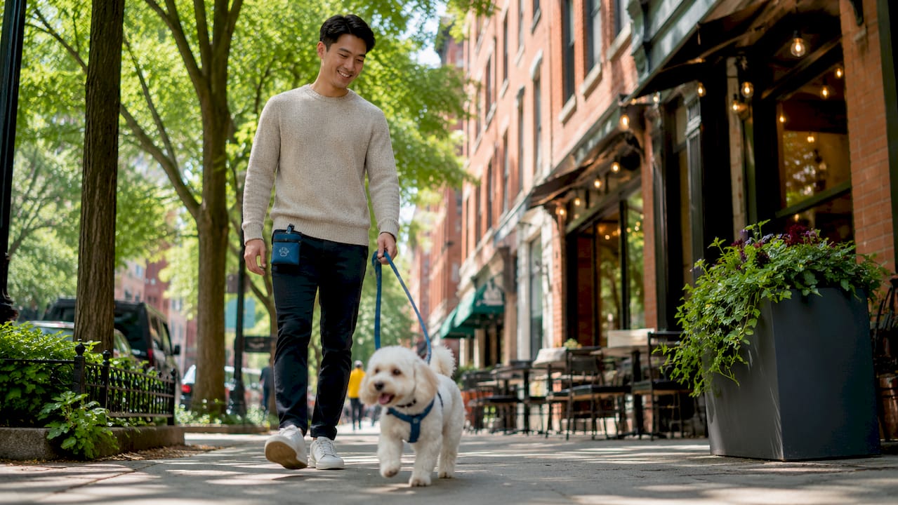 Pet sitter walking small poodle on Chicago sidewalk