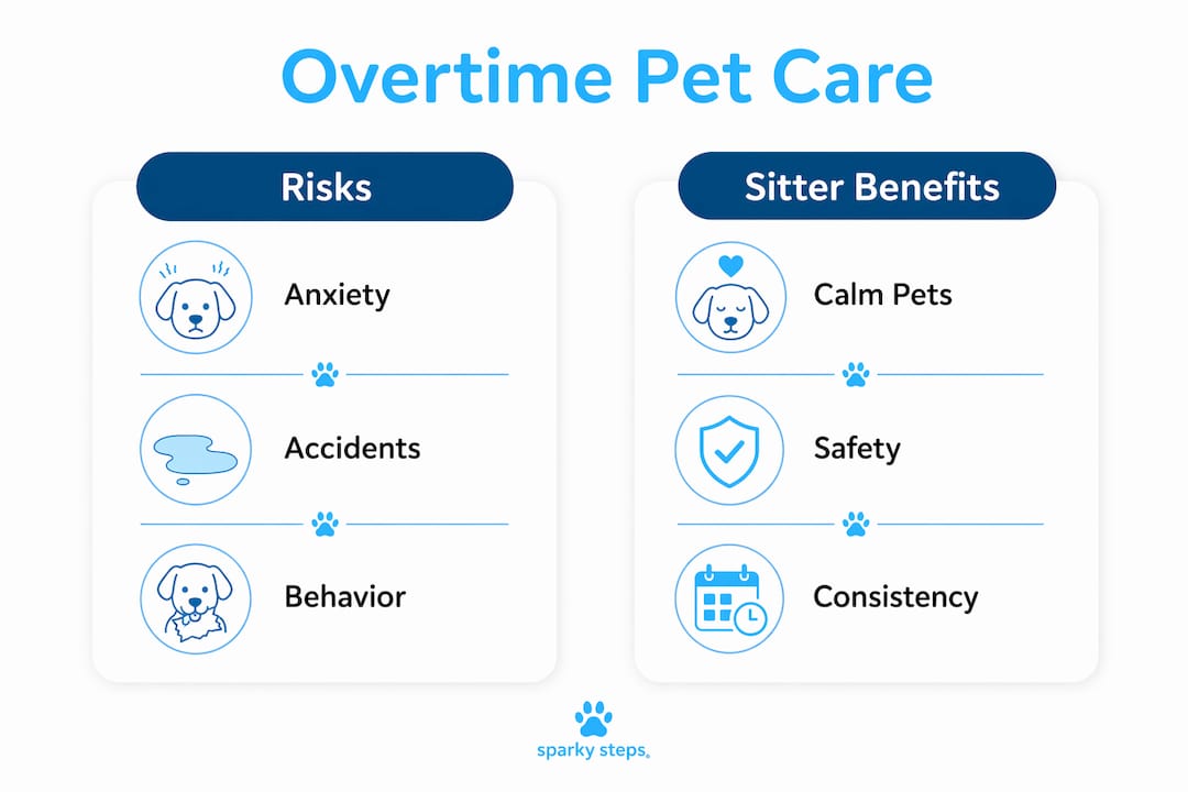 Infographic comparing pet risks vs sitter benefits during overtime