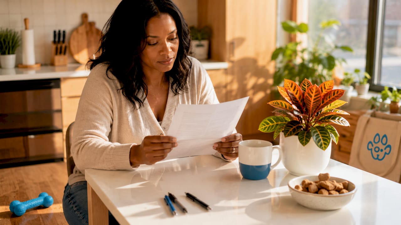 Woman reviewing dog walker preparation documents