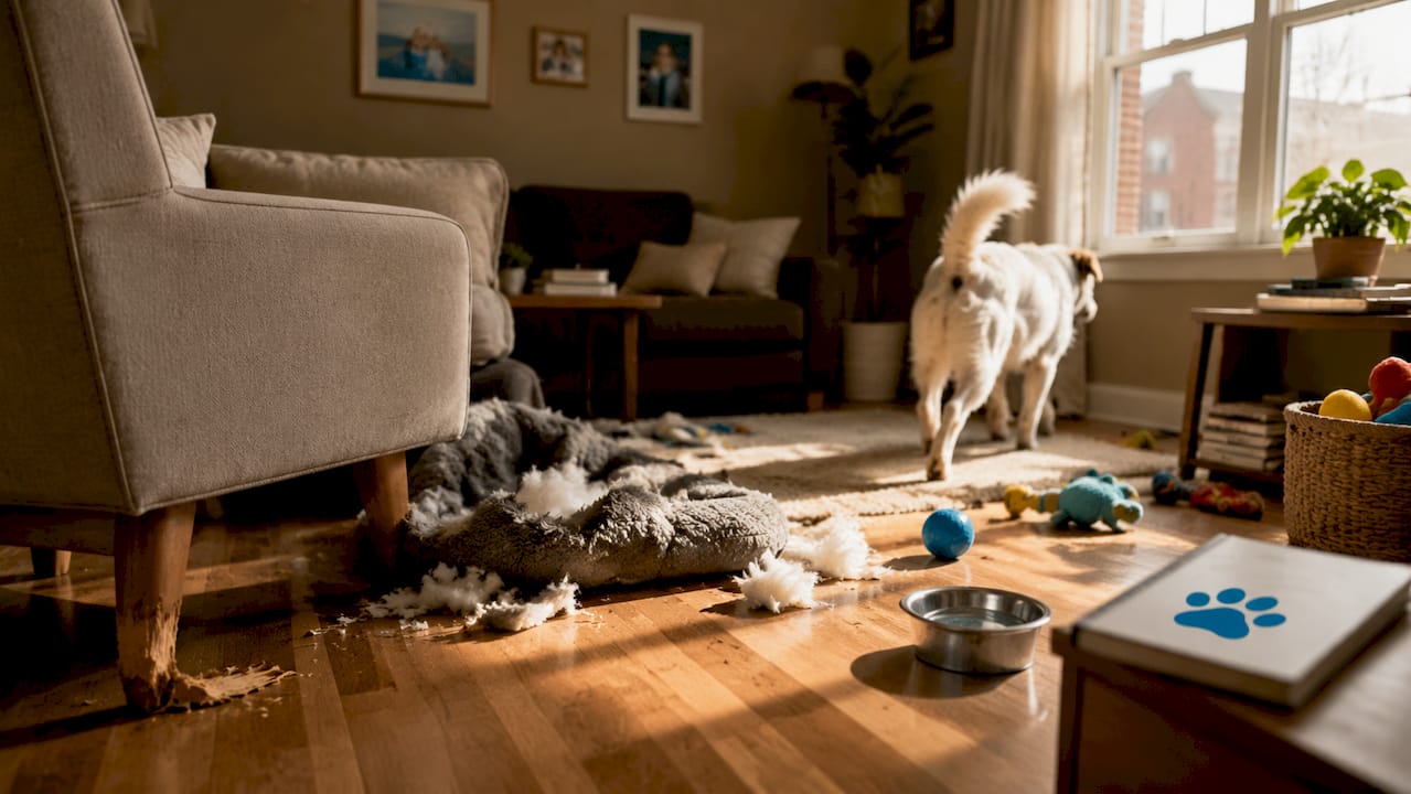 Overhead view of dog and chewed furniture in kitchen