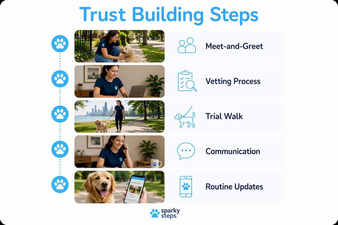 Infographic showing steps to build trust with dog walker
