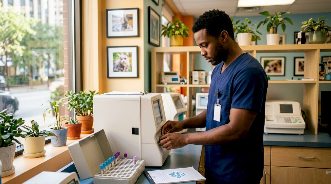 Vet tech adjusting blood analyzer machine