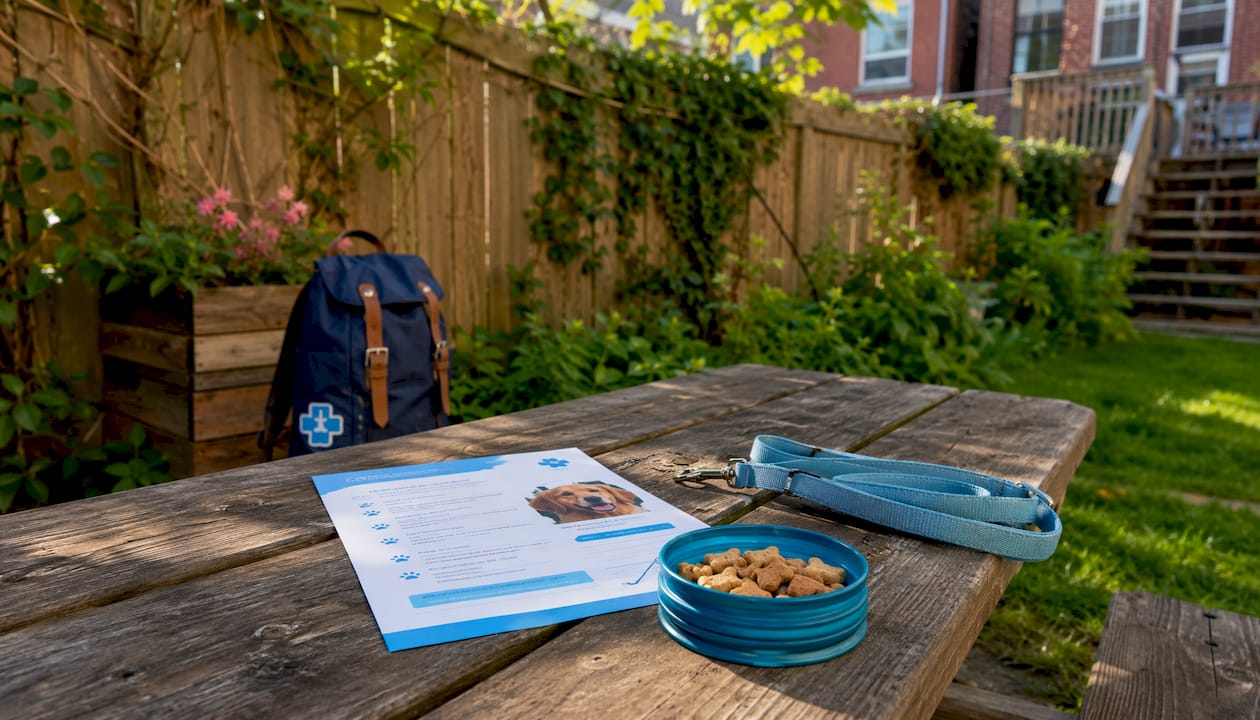 Pet sitter instruction sheet and gear on porch table