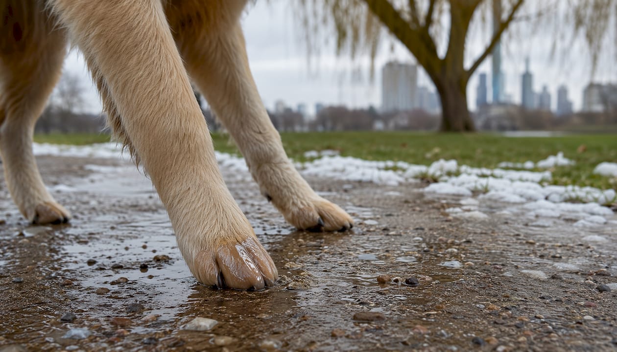 Dog paws with protective balm on Chicago sidewalk