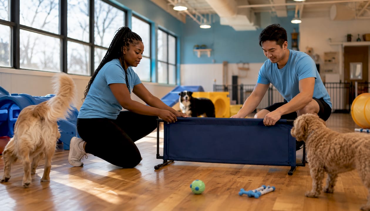 Professional dog daycare playroom with staff