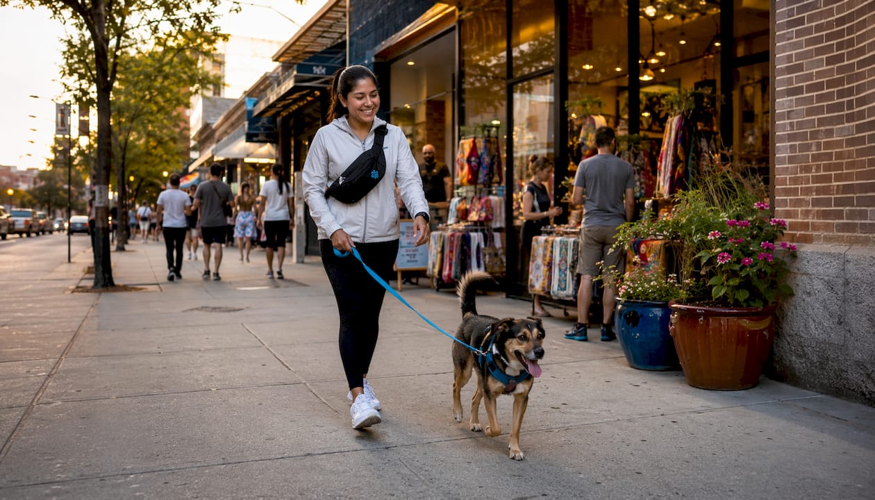 Woman professionally walking dog on city sidewalk