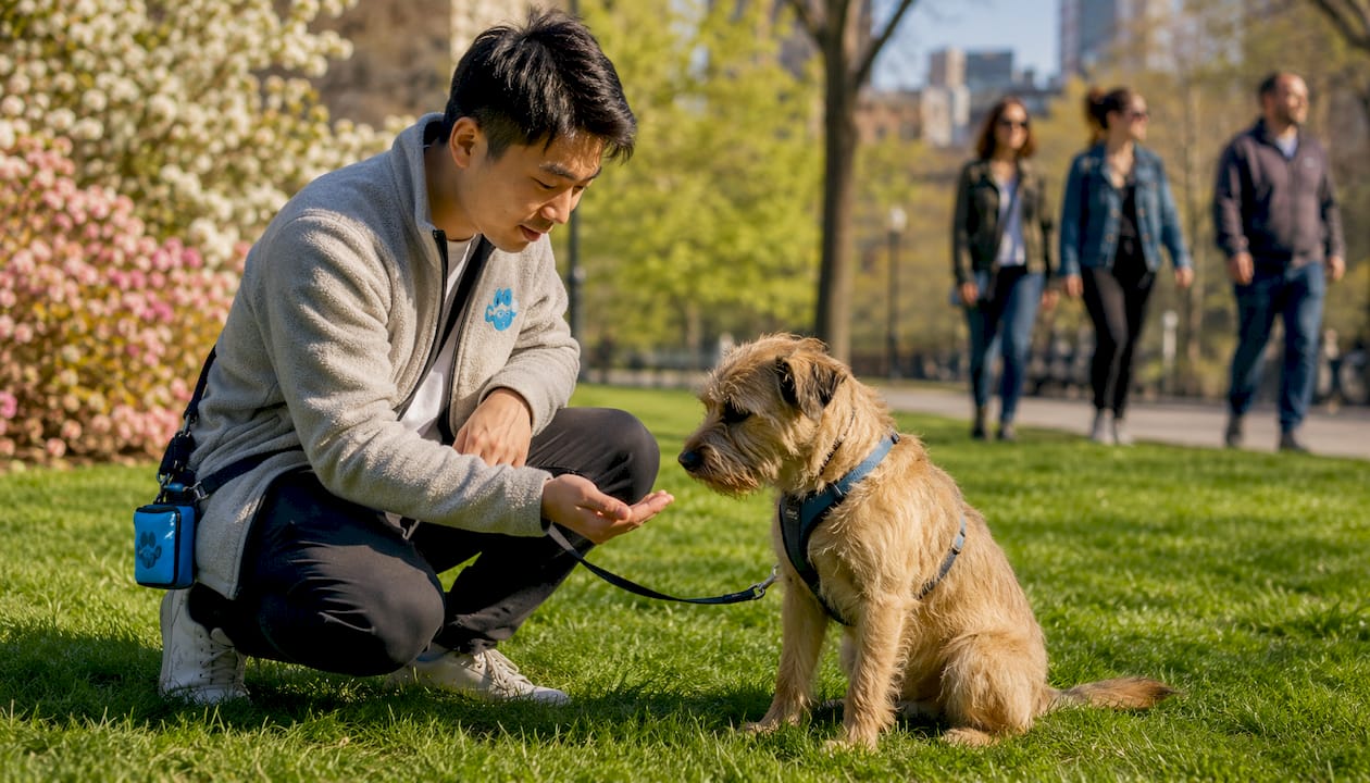 Dog walker meeting dog inside Chicago apartment