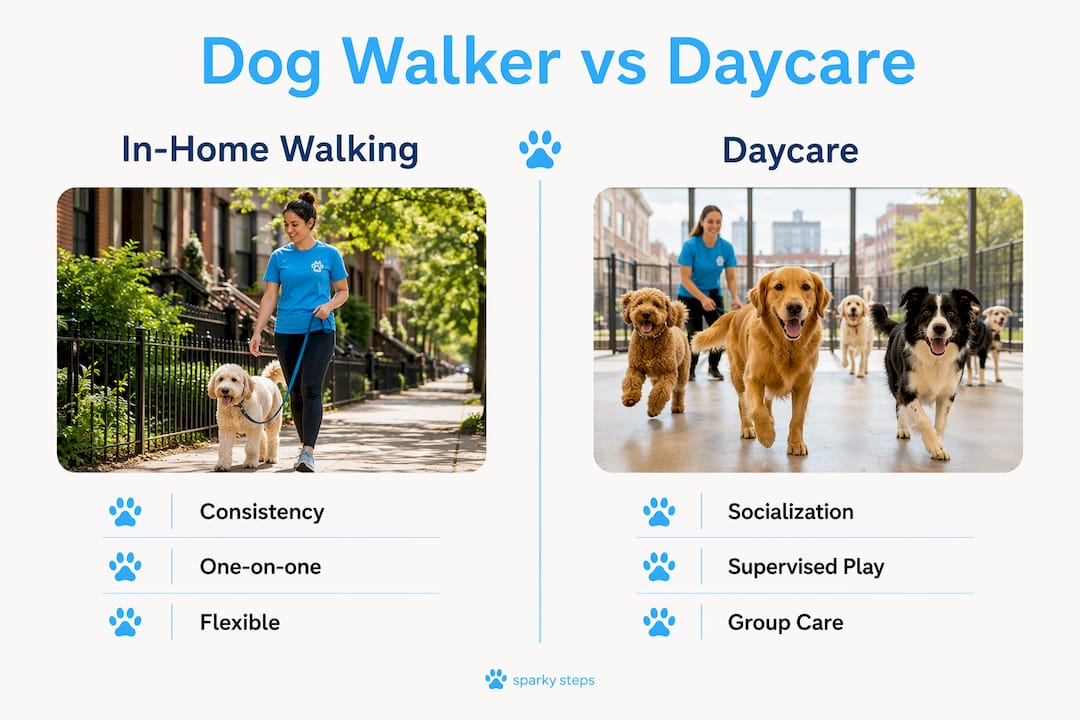 Infographic comparing dog walker and dog daycare