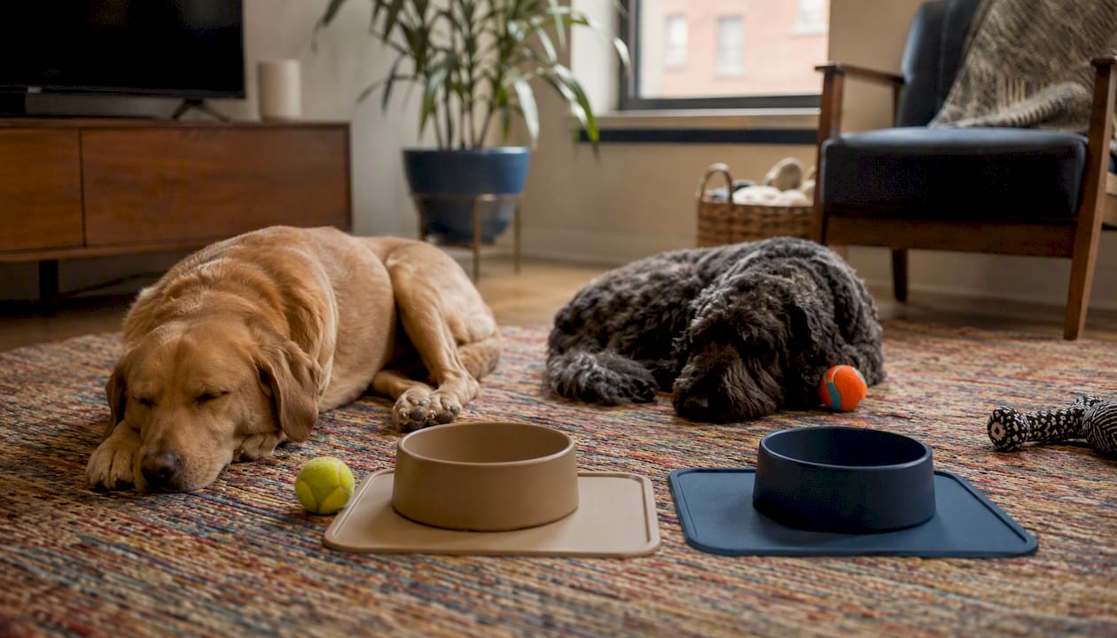 Two dogs resting calmly in home