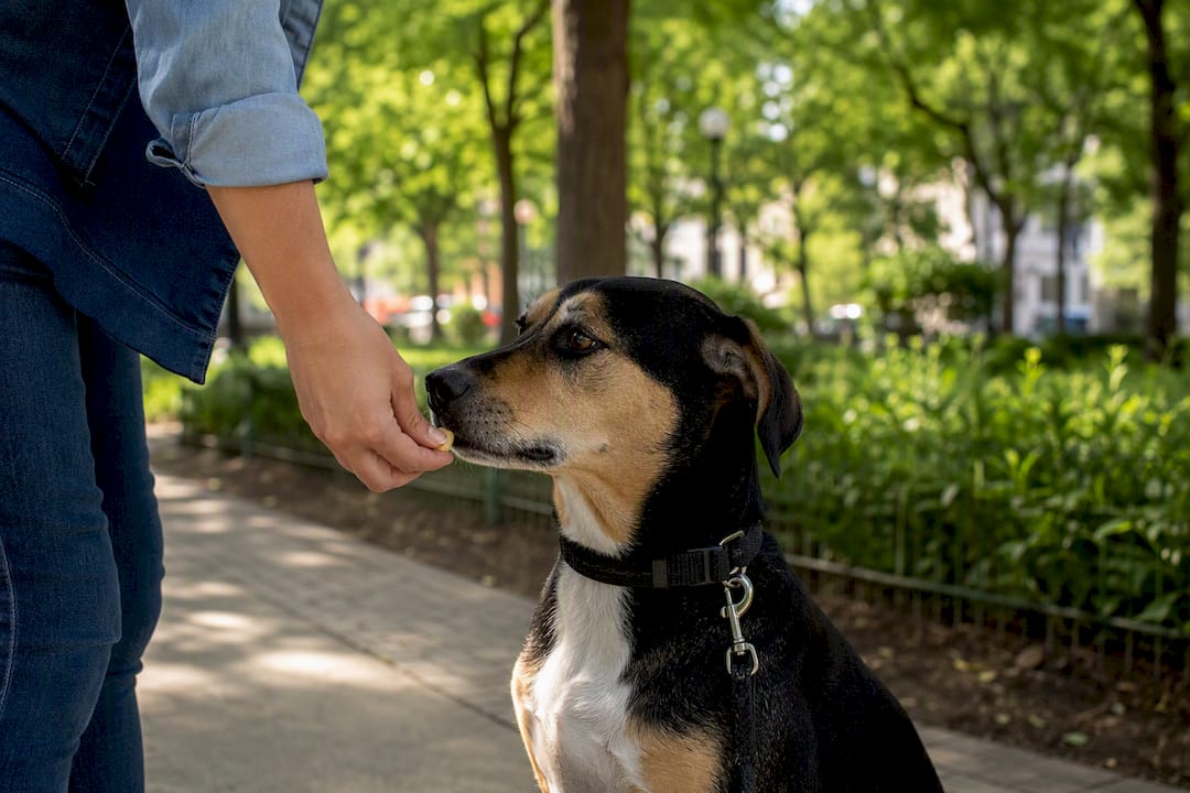 Hand feeding dog treats near leg
