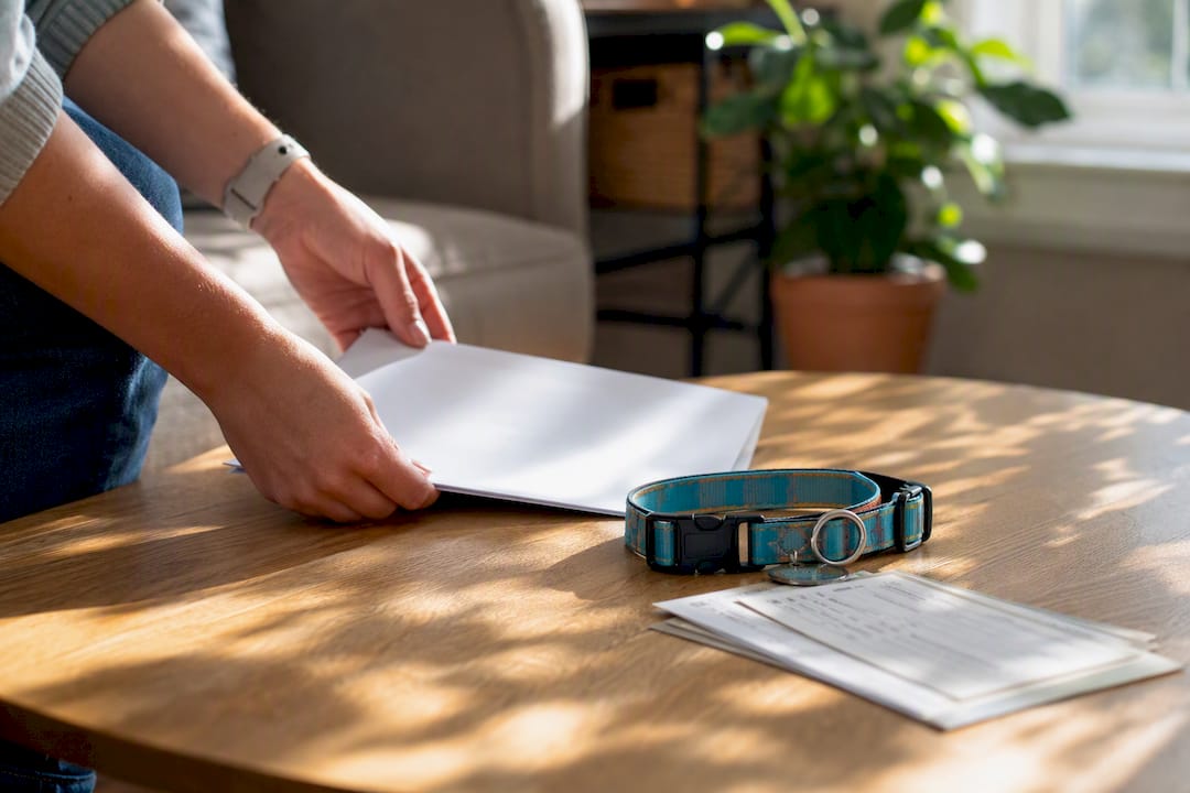 Pet insurance document and collar on desk