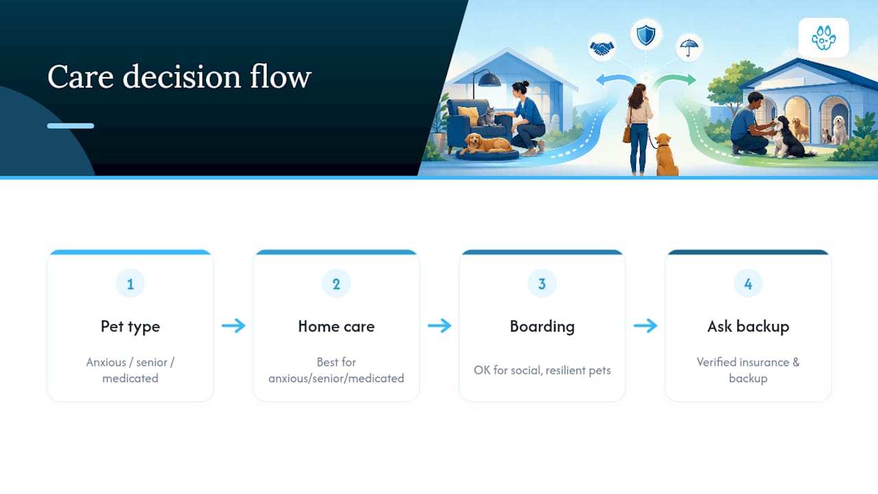 Pet care decision paths and backup coverage