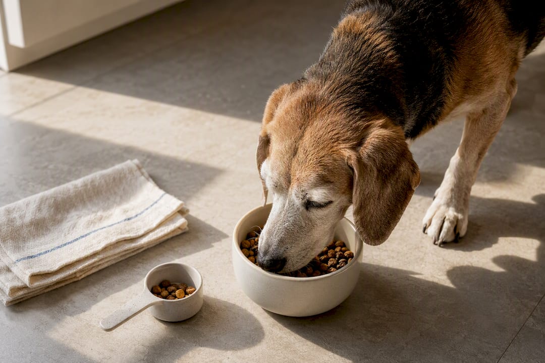 Senior dog eating a measured meal