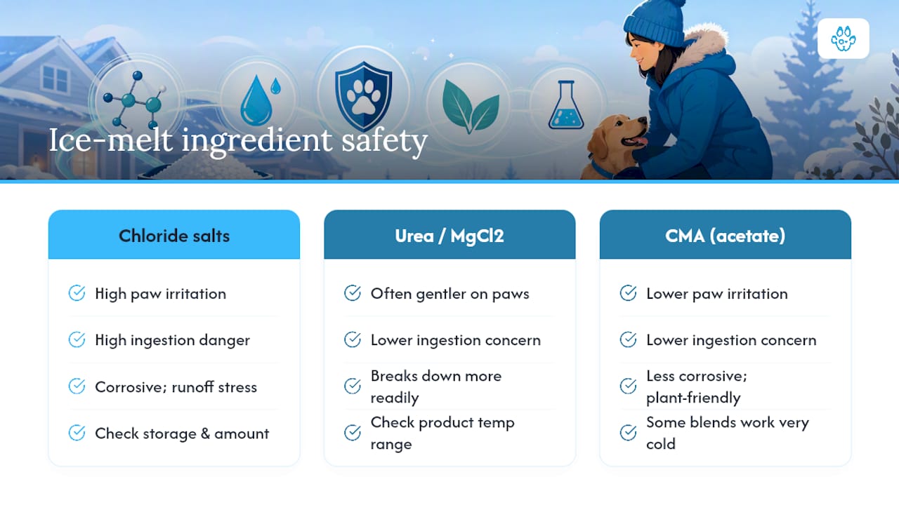Comparison of ice melt ingredients and pet safety