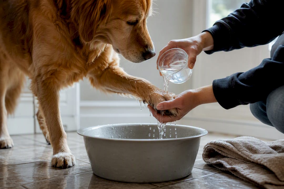 Hands rinsing dog paw after ice melt exposure