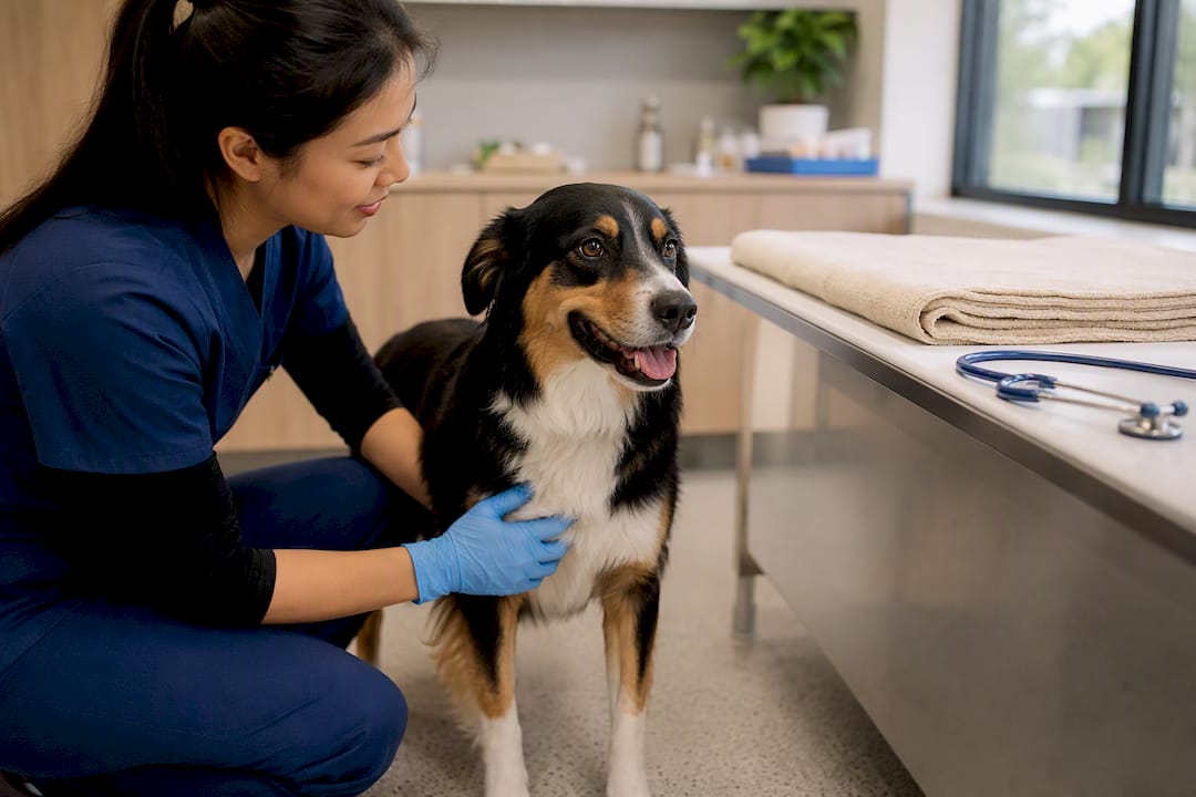 Calm dog receiving a gentle veterinary exam