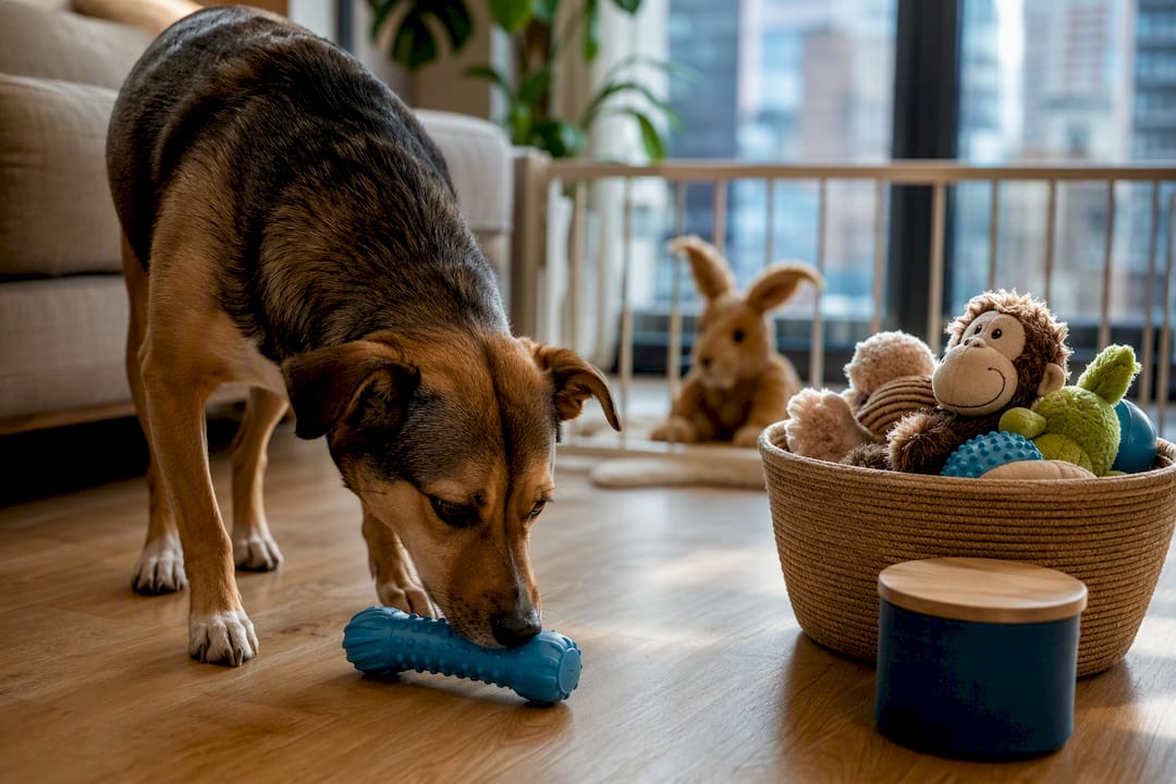 Dog with approved chew toy at home