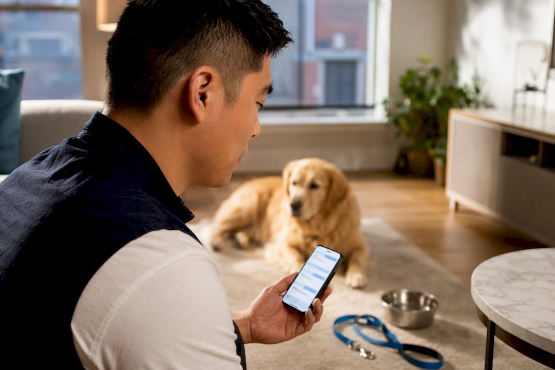 Pet-care professional reviewing a visit update