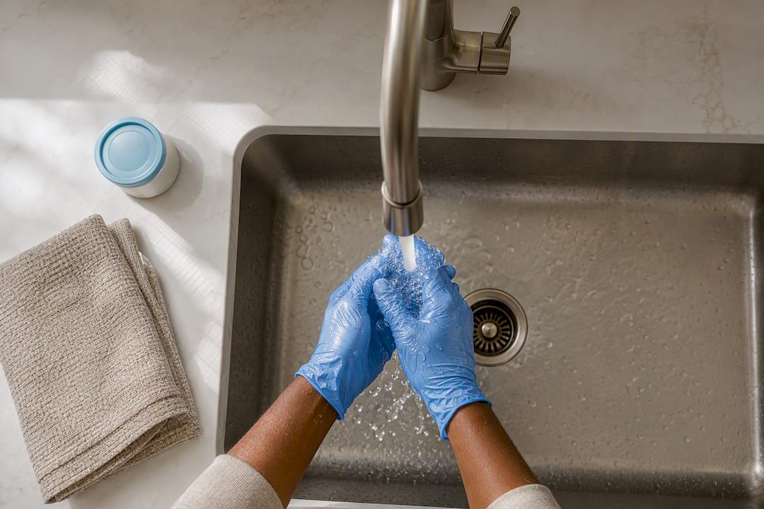 Gloved hands washing after litter duty