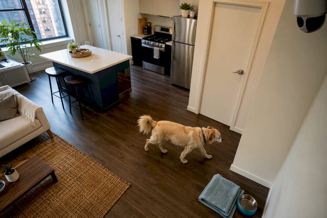 Dog pacing beneath high camera placement