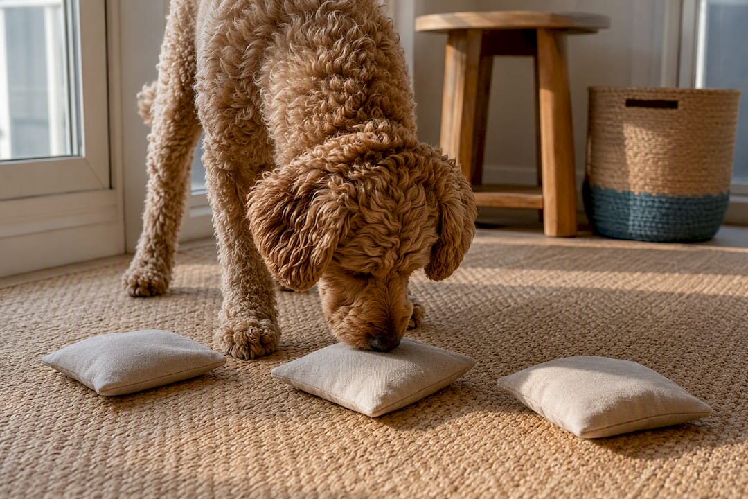 Dog searching scent pouches indoors