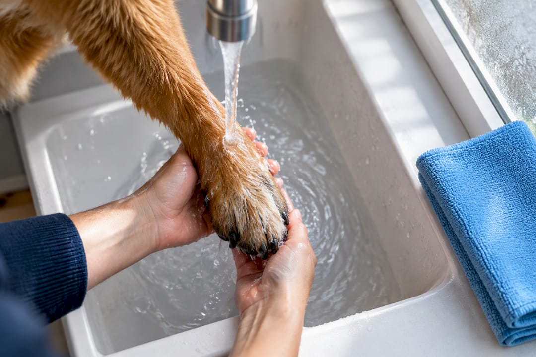 Dog paw being rinsed after salty walk