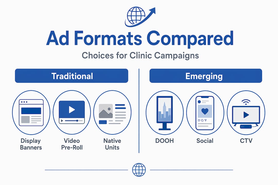 Infographic comparing traditional and emerging ad formats for clinics