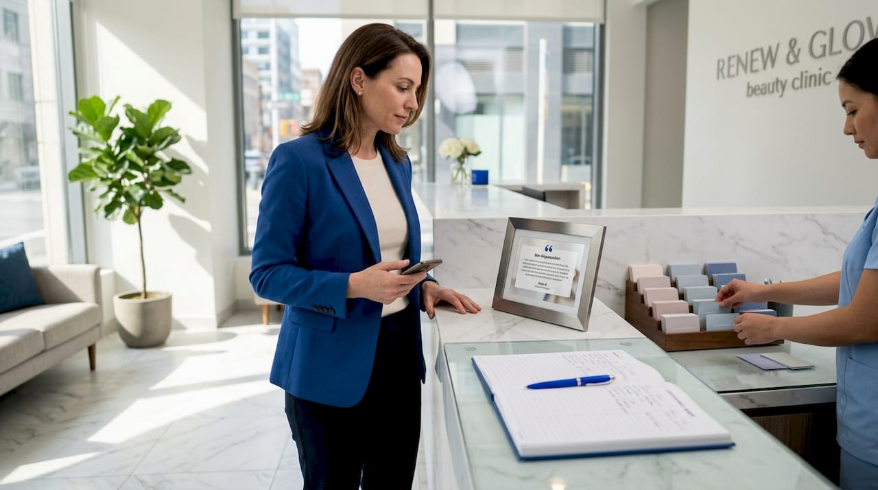 Client checking treatment reviews at clinic front desk