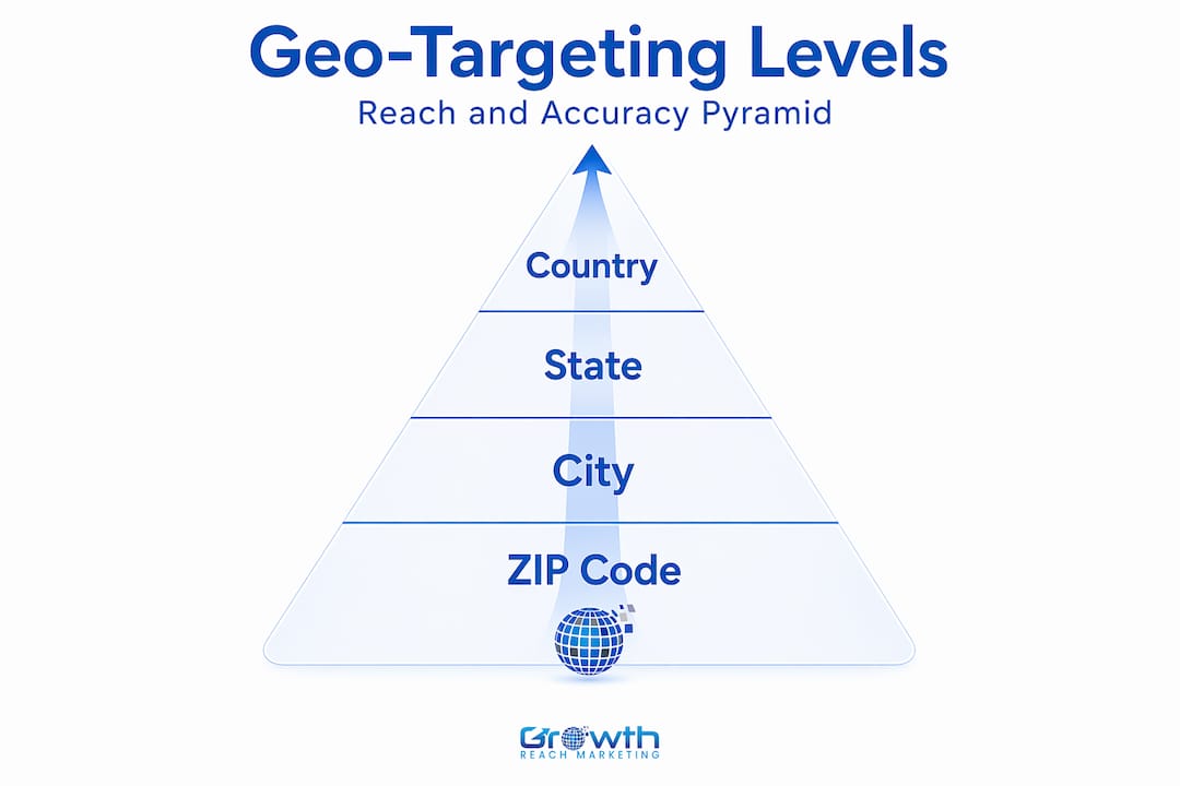 Pyramid infographic showing geo-targeting levels
