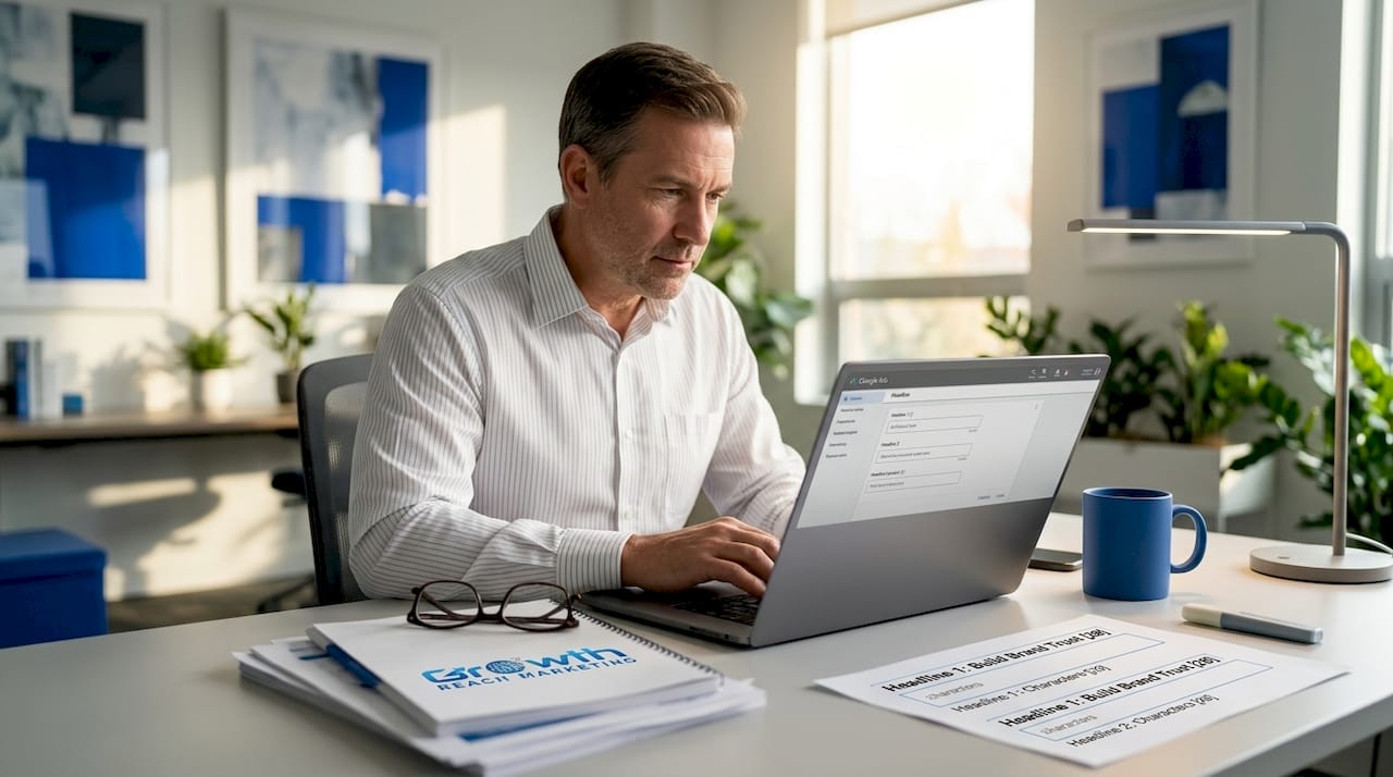 Marketer drafts Google Ads headlines in office