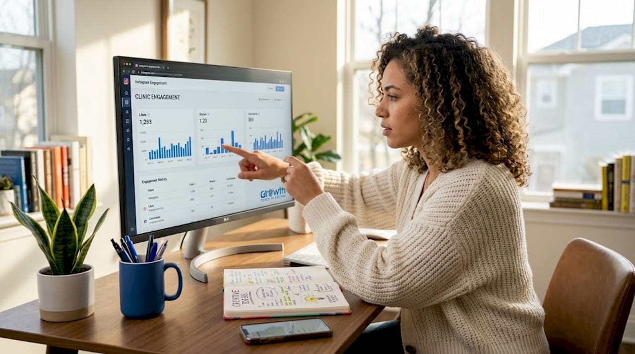 Social media manager reviews engagement data on computer