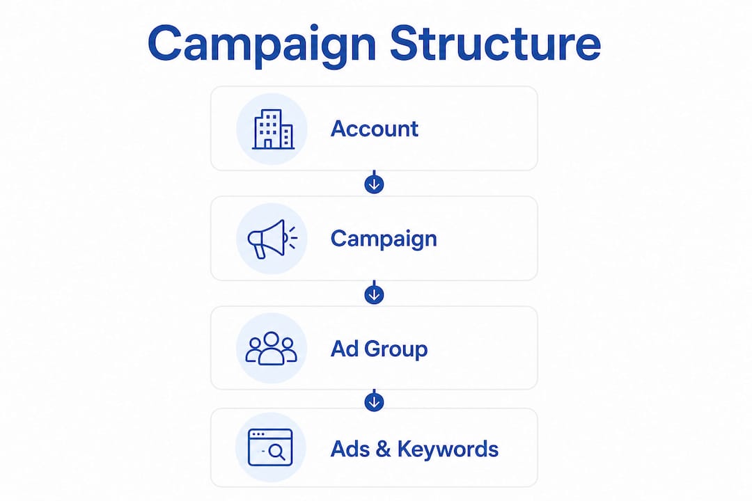 Infographic showing Google Ads campaign structure hierarchy
