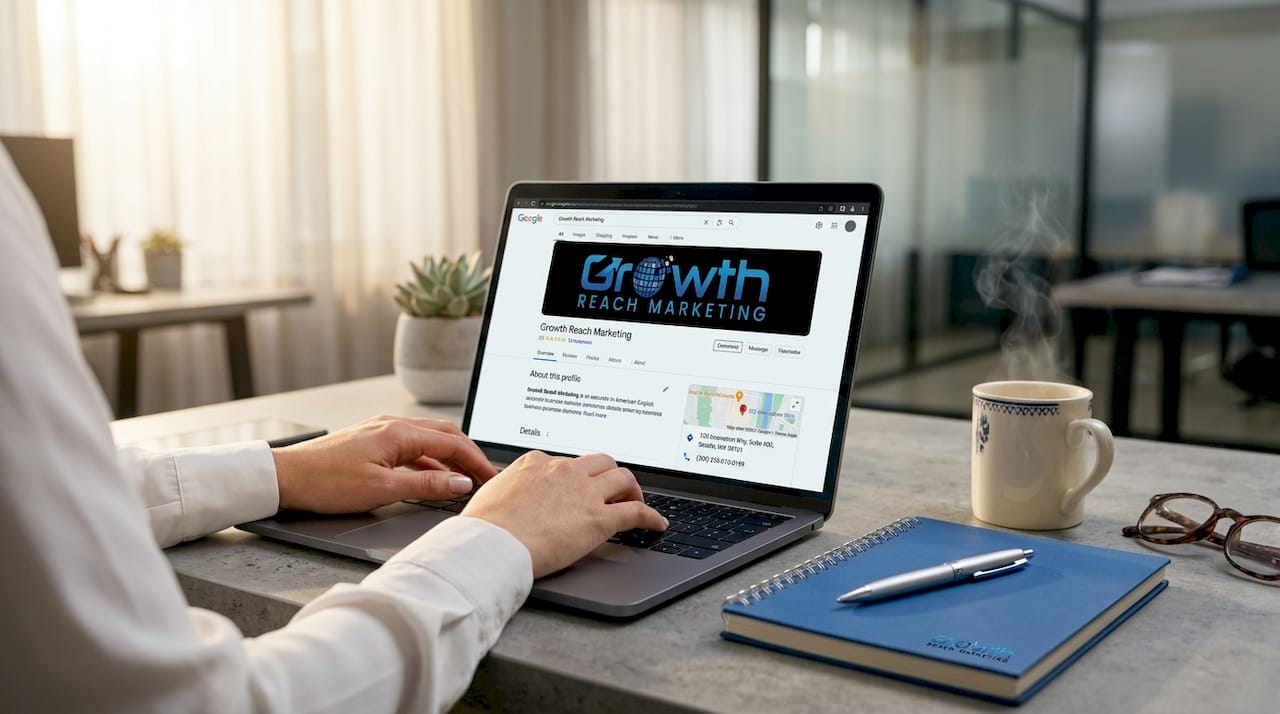 Hands updating business details on laptop