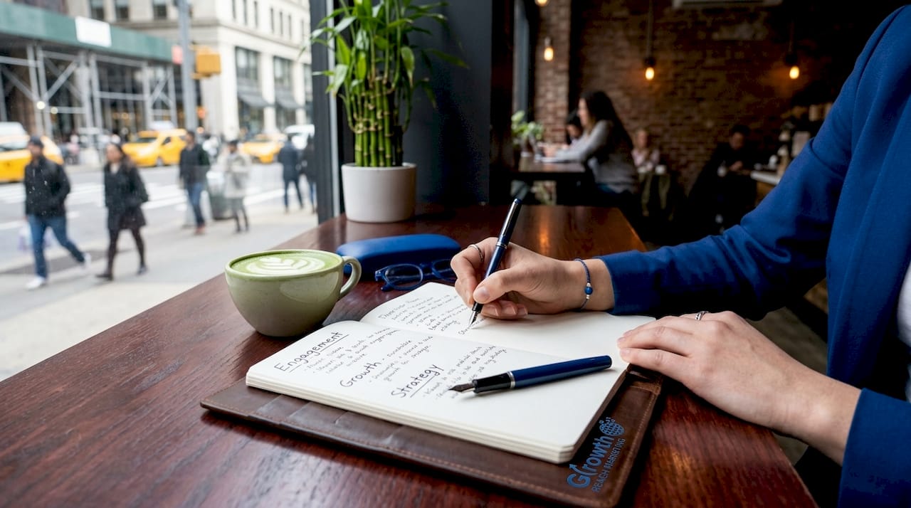 Notebook showing salon social media strategy notes