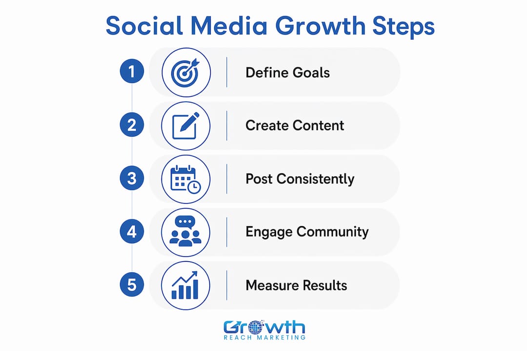 Infographic showing five key steps for salon social media growth