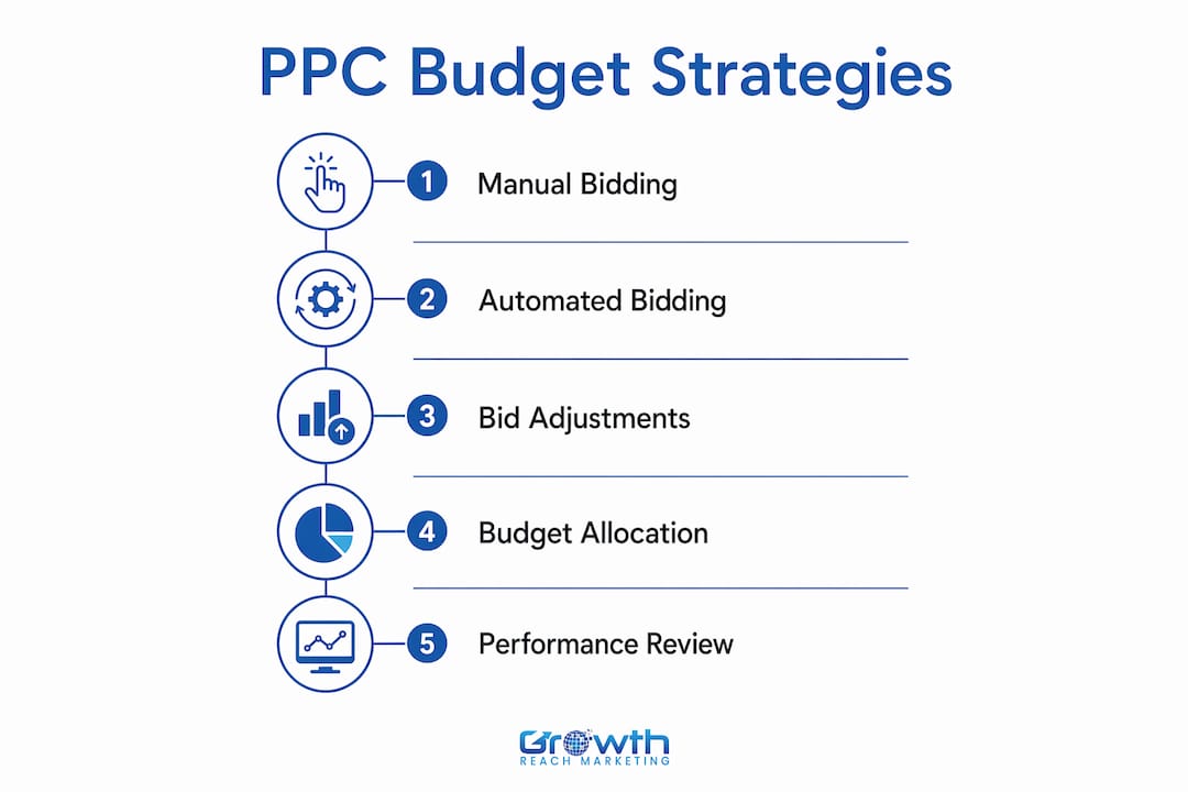 Infographic showing main PPC budget and bidding strategies in steps