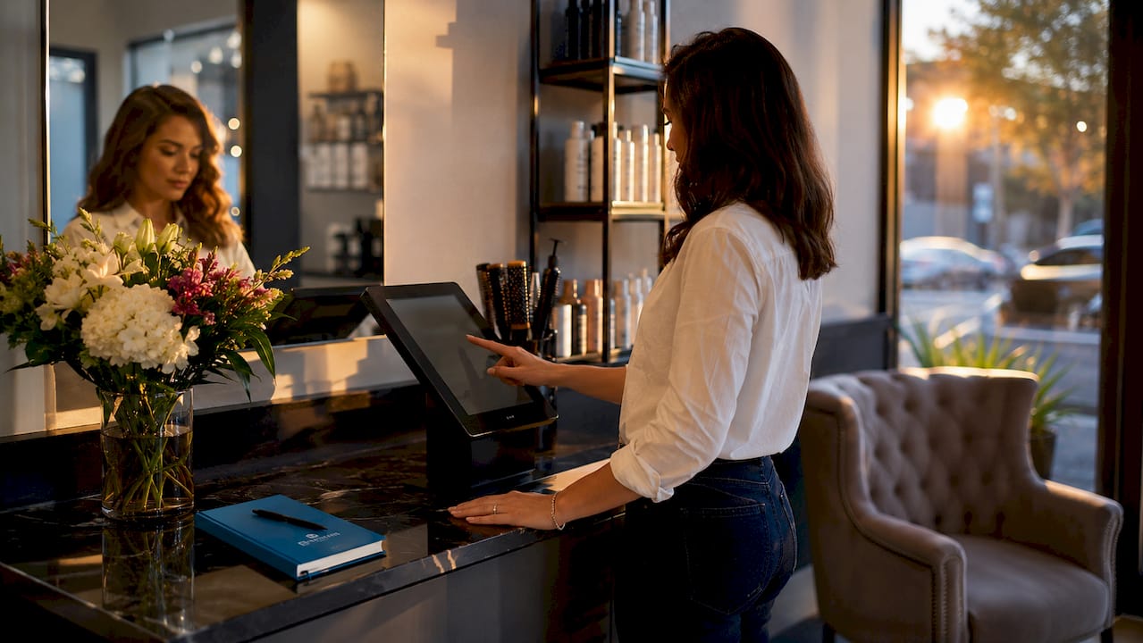 Stylist interacting with salon booking system