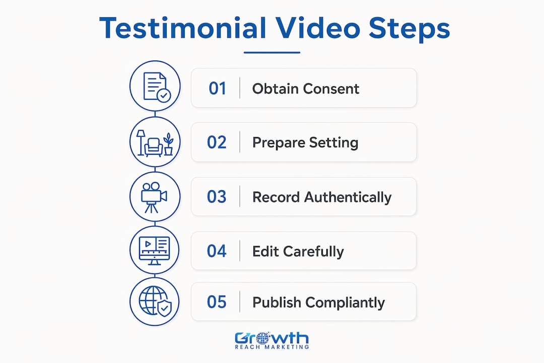 Infographic showing five key steps for compliant testimonial videos