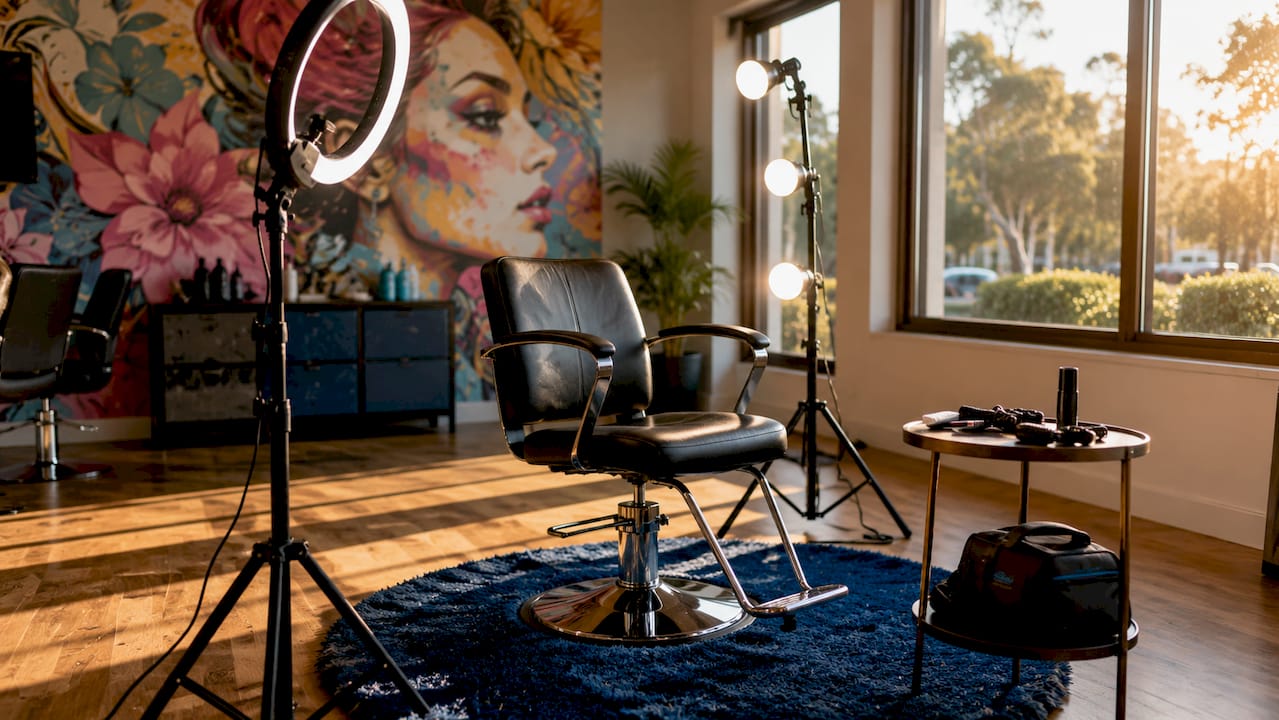 Empty salon photo station with lighting setup