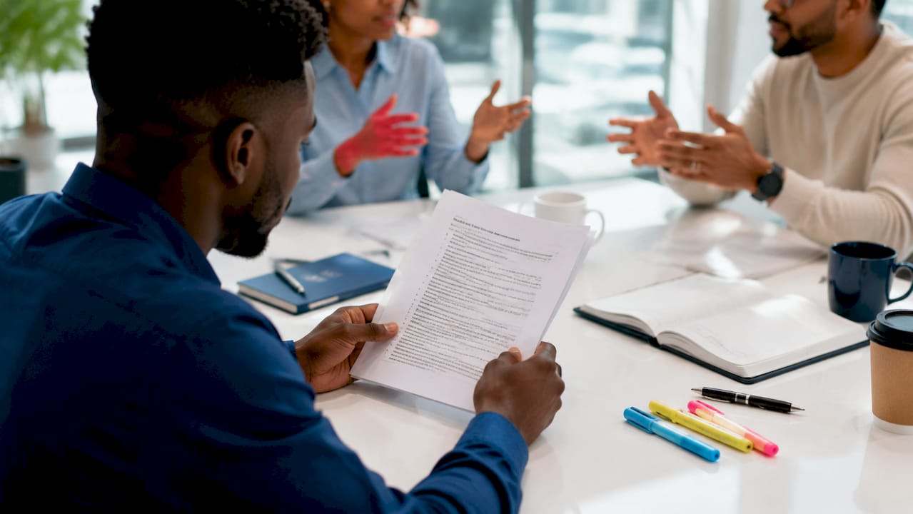 Hands holding FTC guideline papers in a meeting