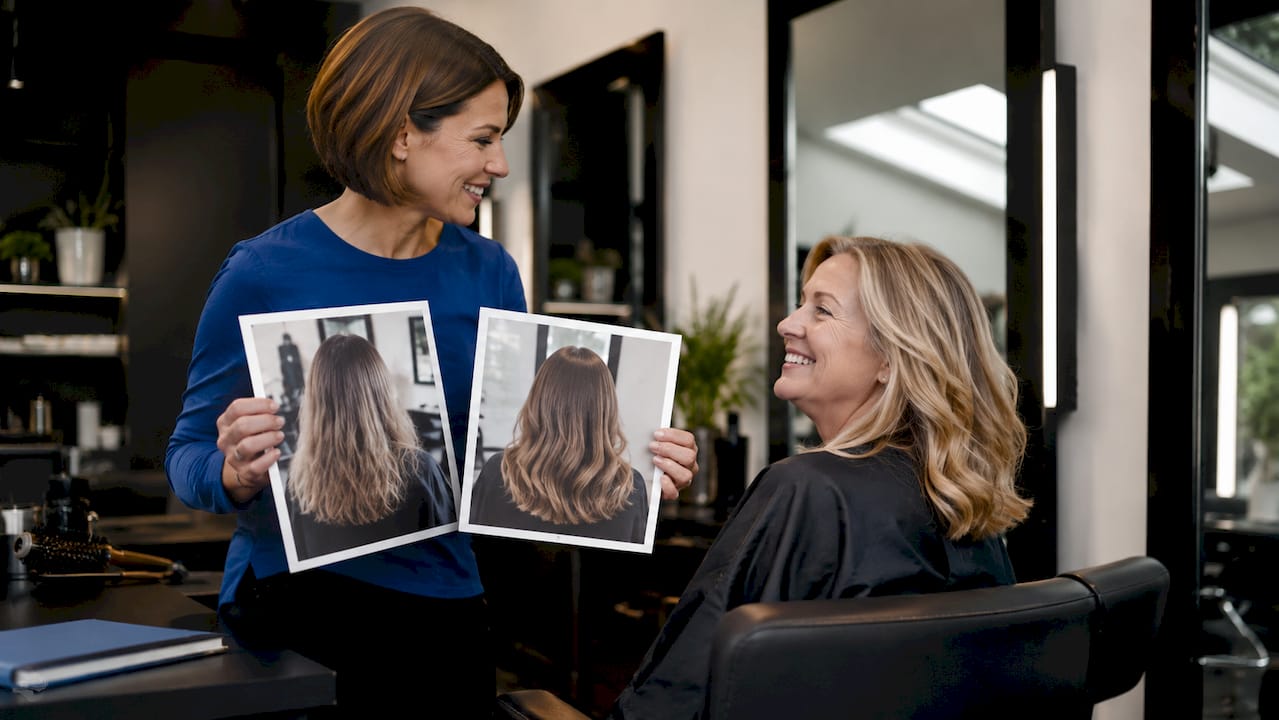 Hairstylist showing client before and after photos