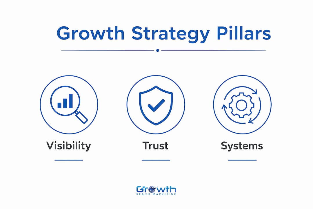 Infographic illustrating three growth strategy pillars