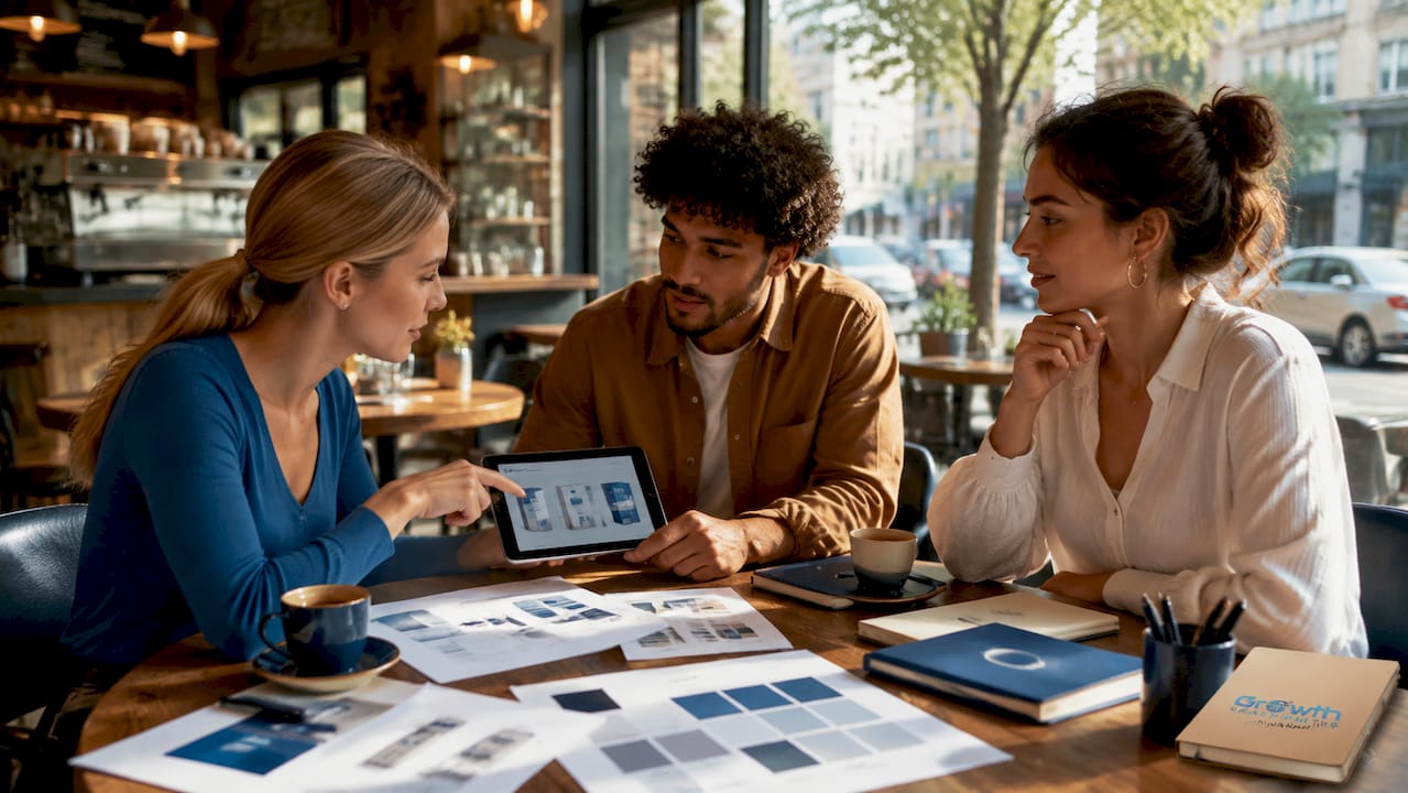 Marketing team reviewing brand identity materials
